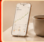 Smartphone mit einer ansteigenden Finanzgrafik neben einer Tasse