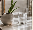 Glas Wasser und kleine Pflanze auf einem hellen Tisch