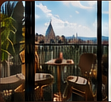 Blick von einem Café über eine sonnige europäische Stadt