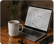 Laptop mit Notizen und einer Tasse auf einem dunklen Tisch